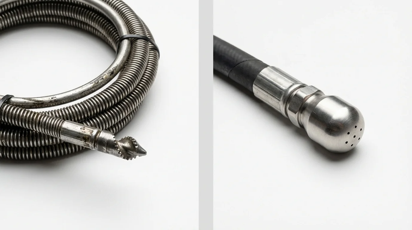 Drain snake cable and hydro jetting nozzle used for drain cleaning in Durham, NH