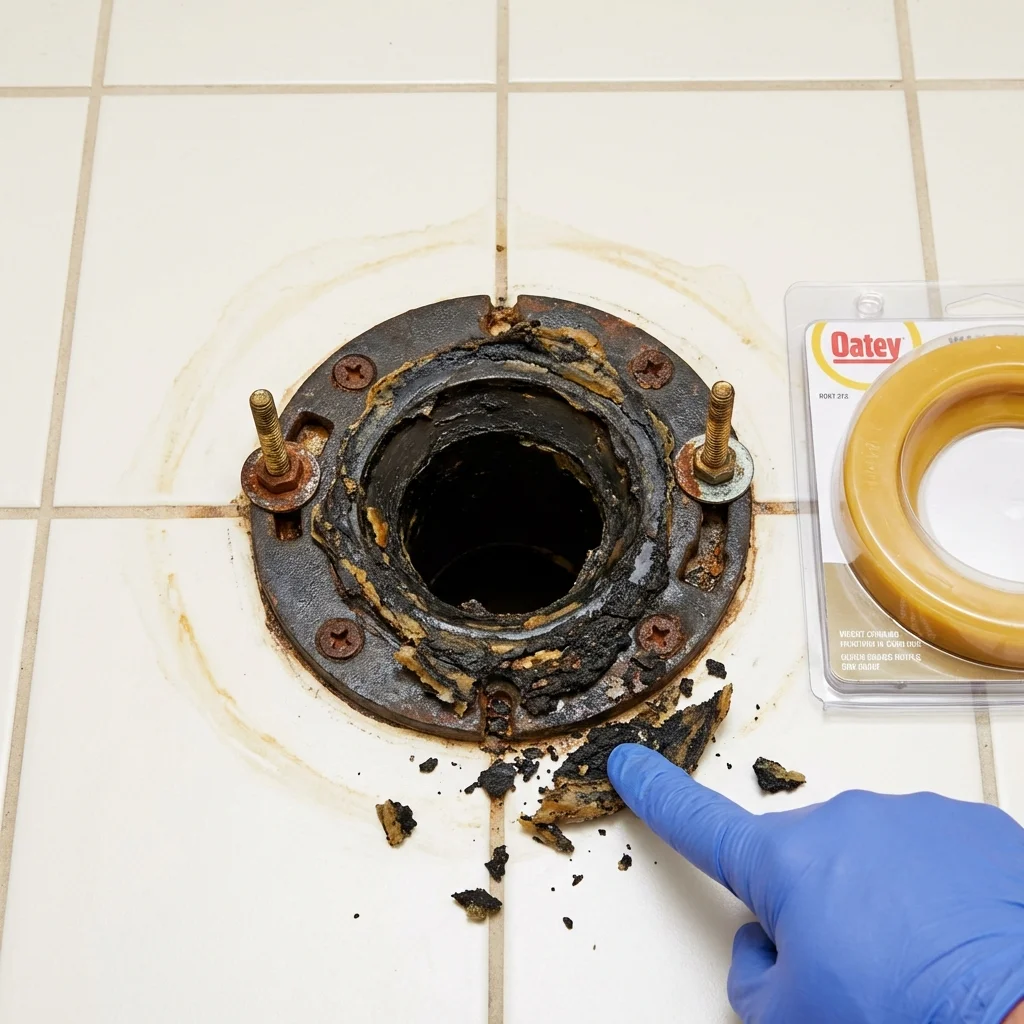 Failed wax ring showing water seepage at the base of a toilet in a Durham, NH home